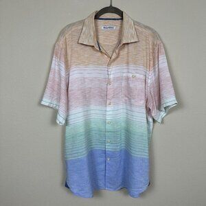 Tommy Bahama LINEN BLEND Mens Size Large Short Sleeve Button Up Shirt Striped